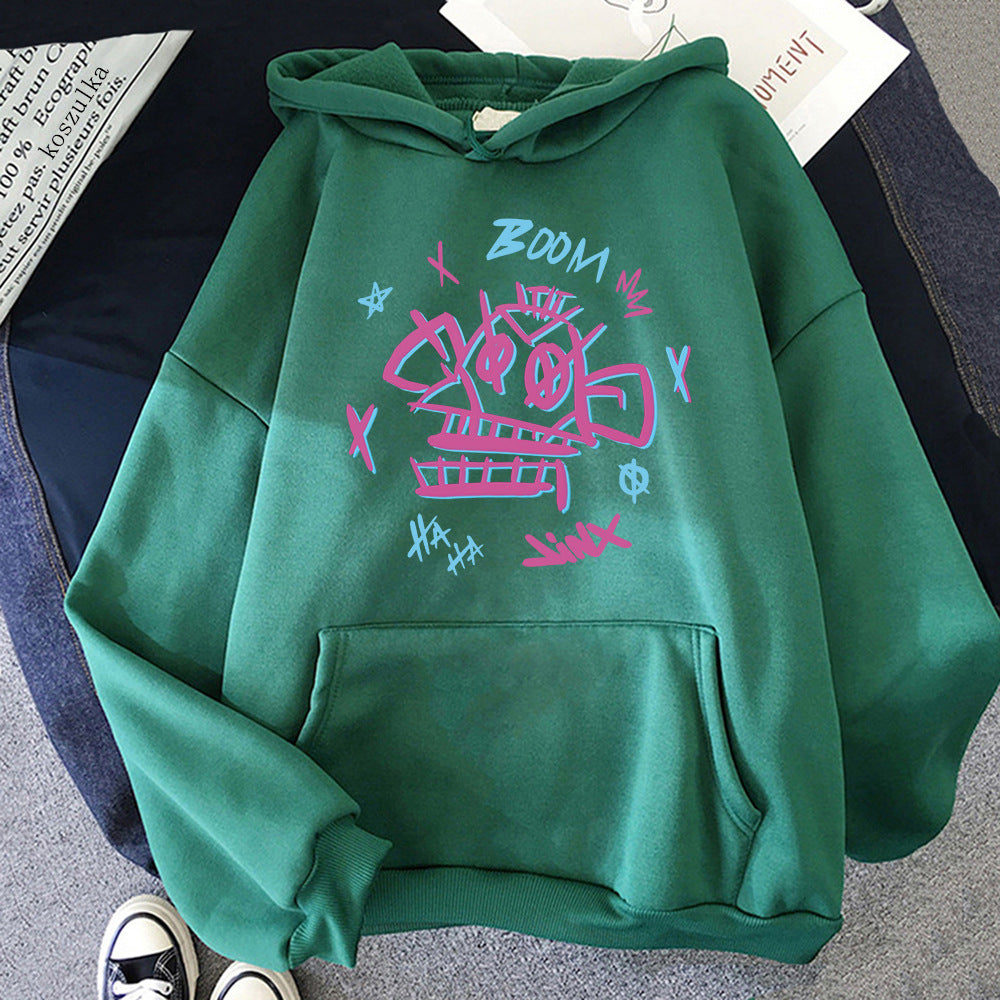 Black Harajuku streetwear hoodie lightweight polyester with bold Arcane Jinx Ekko graphic print