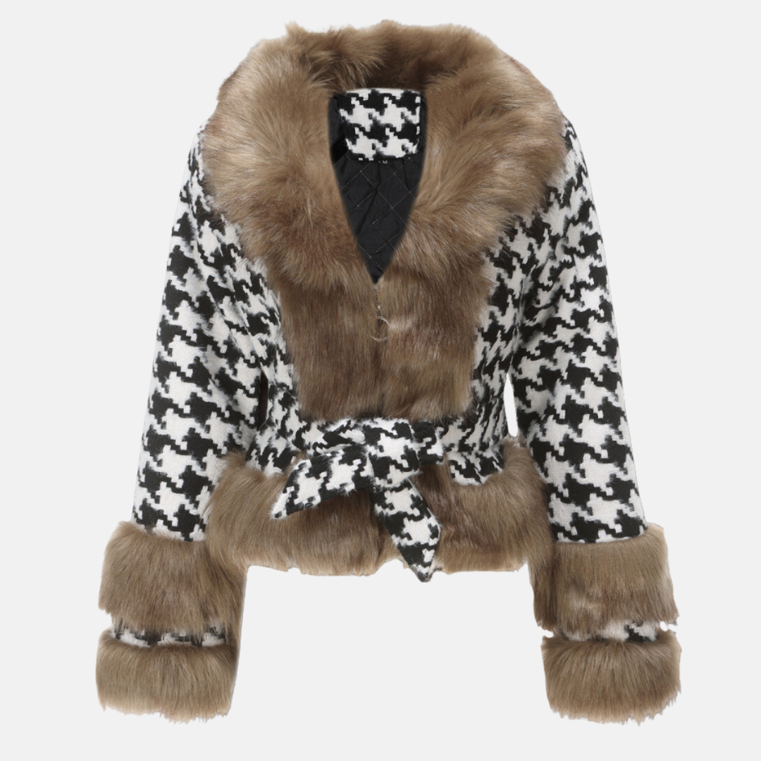 Women's black white houndstooth wool blend short coat fur trim collar belted waist elegant fit