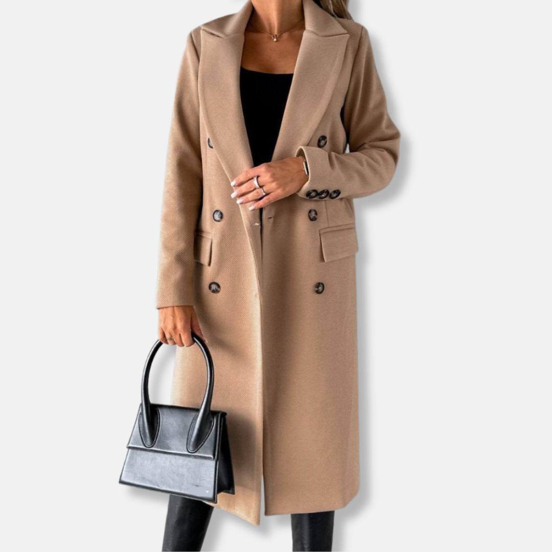 Women's longline wool coat double-breasted notch lapel tailored mid-calf silhouette urban chic
