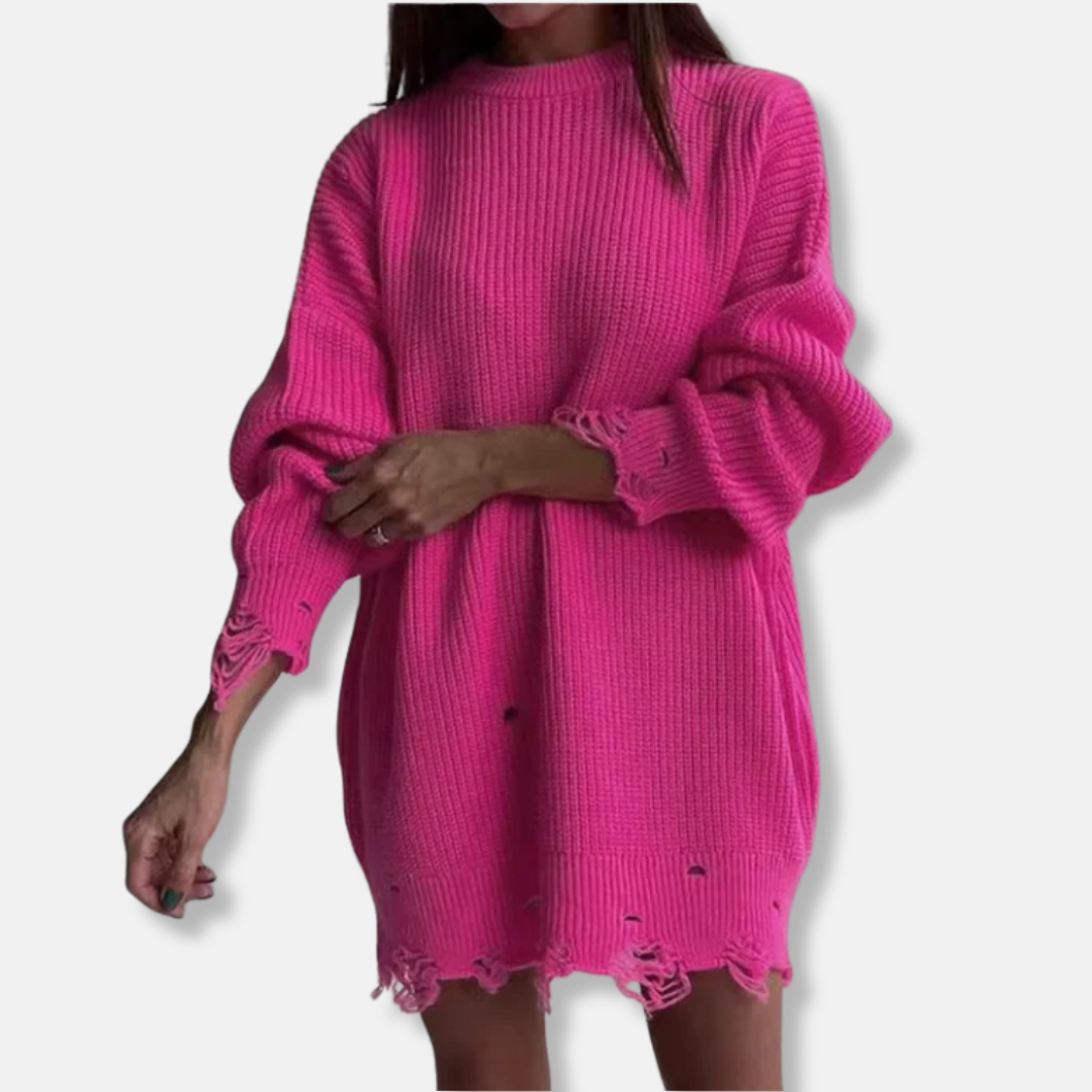 Women's ribbed knit mini dress balloon sleeves distressed hem oversized casual style
