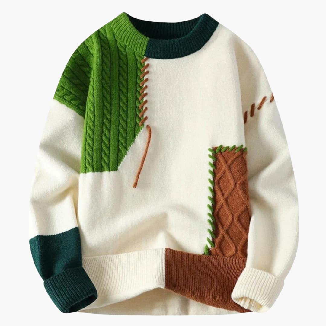 Men's multicolor patchwork knit sweater, color-blocked pattern, warm premium winter pullover