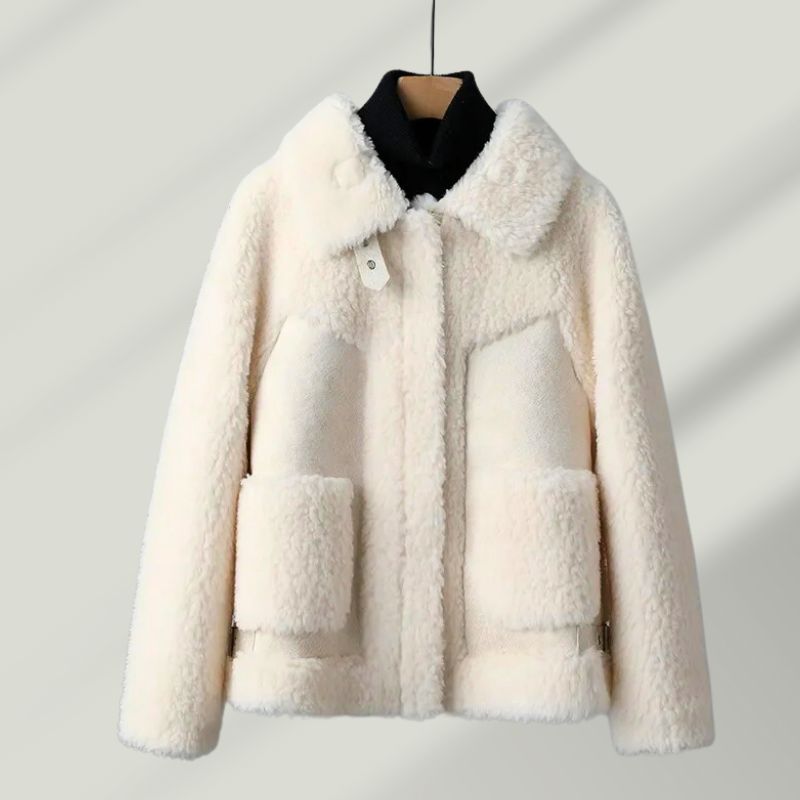 Marc Calvay unisex lamb wool blend coat in neutral tone, plush finish, relaxed winter silhouette