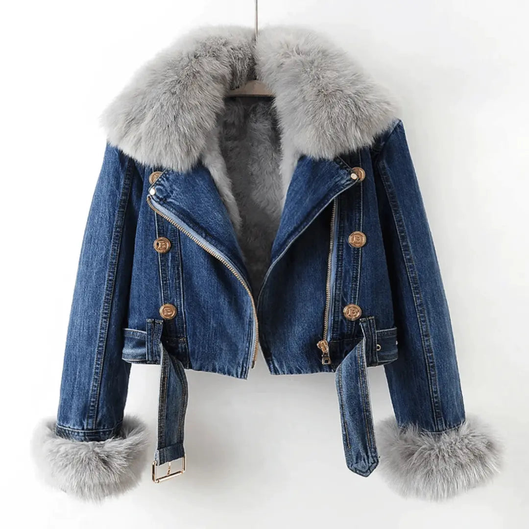 Women's denim and fur-lined jacket with ultrafine fur lining, urban elegance style, luxury winter outerwear