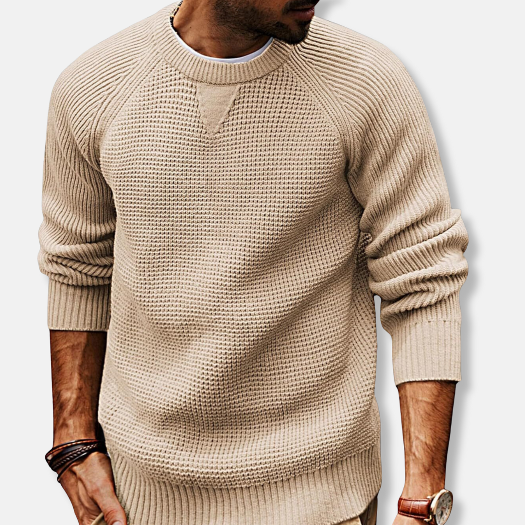 Men's knit texture crew neck sweatshirt with raglan sleeves, relaxed fit, cotton-blend, cozy fall style