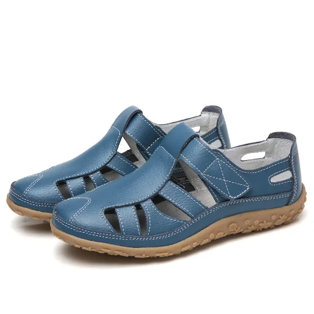 Women's beige leather casual sandals with velcro strap, cushioned EVA sole, sneaker-inspired summer style