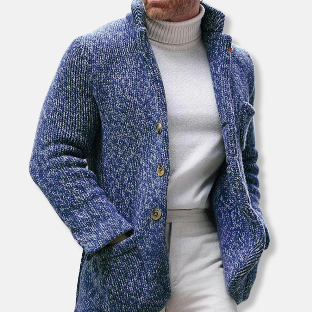 Men's textured knit cardigan stand collar single-breasted smart casual fall layer with patch pockets