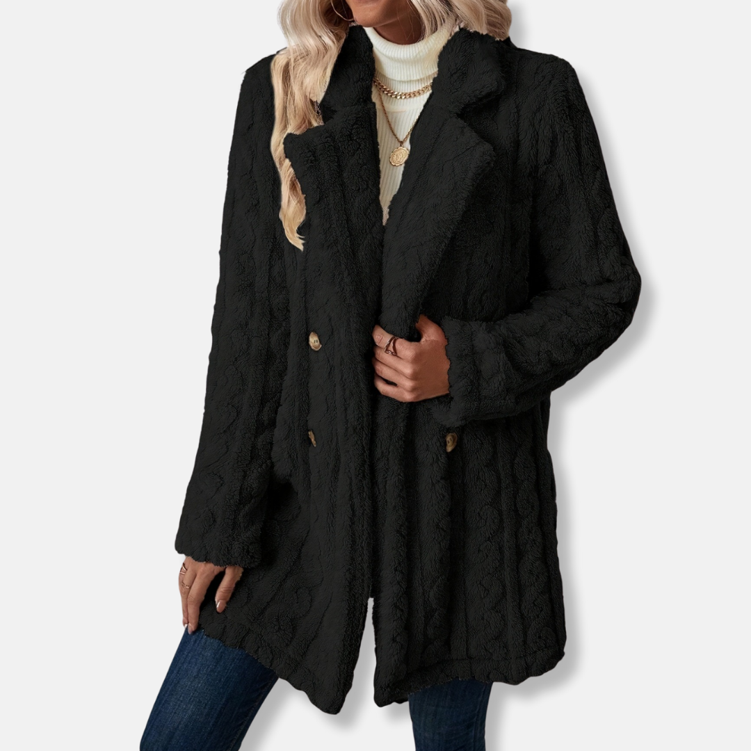 Women's knit double-breasted coat notched lapel mid-thigh relaxed silhouette elegant outerwear