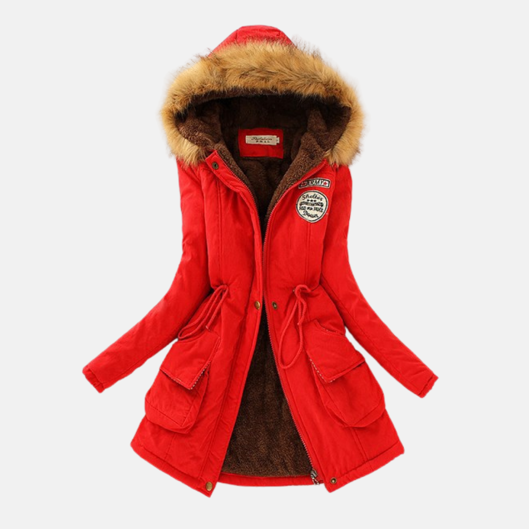 Women's winter parka coat with cozy sherpa lining, faux fur hood, and practical city-ready silhouette