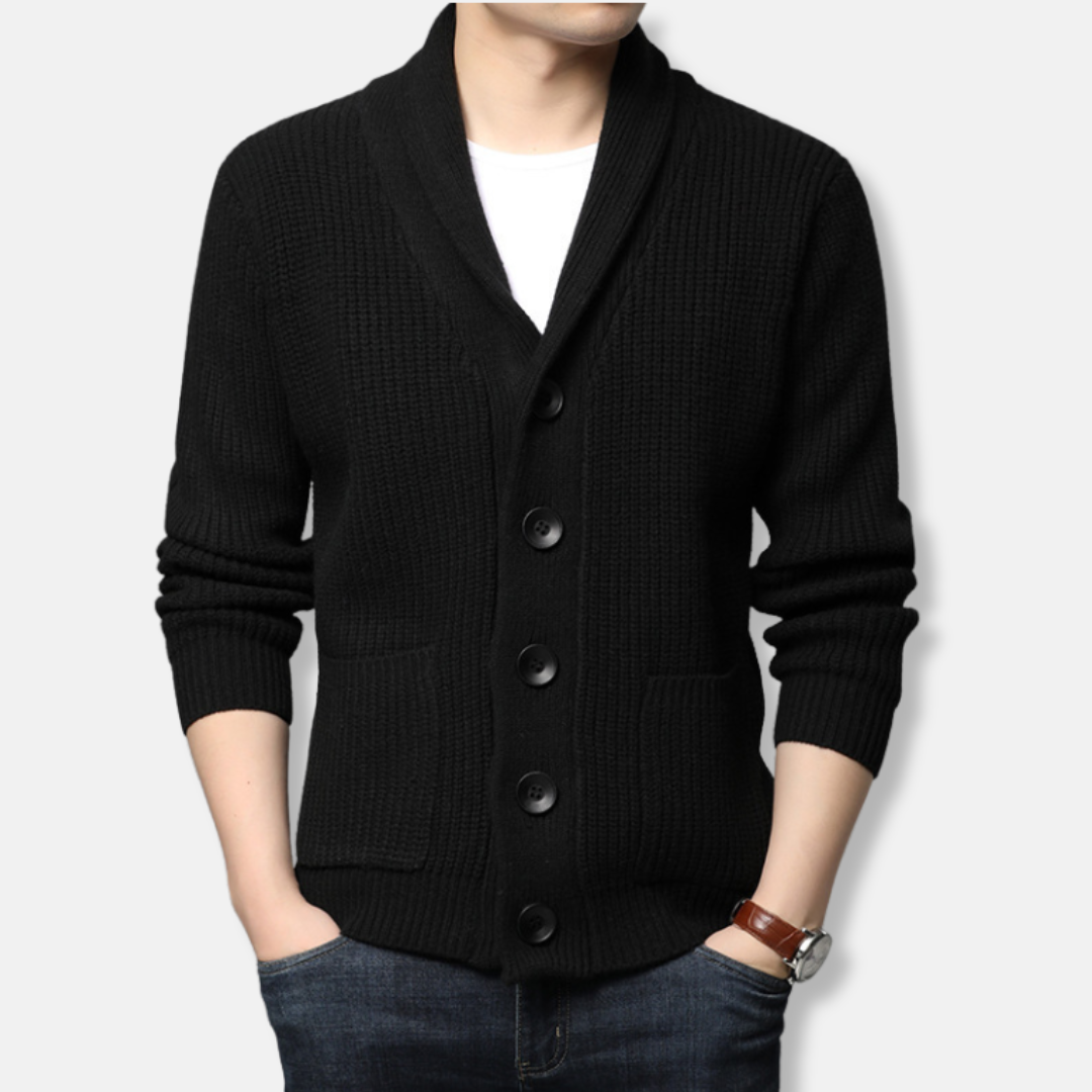 Men's ribbed knit cardigan sweater with shawl collar and patch pockets smart casual style