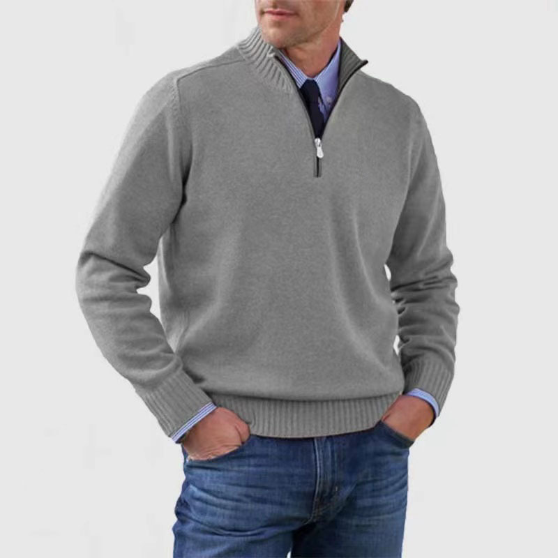 Men's gray knitted quarter-zip pullover with stand-up collar, slim layering fit