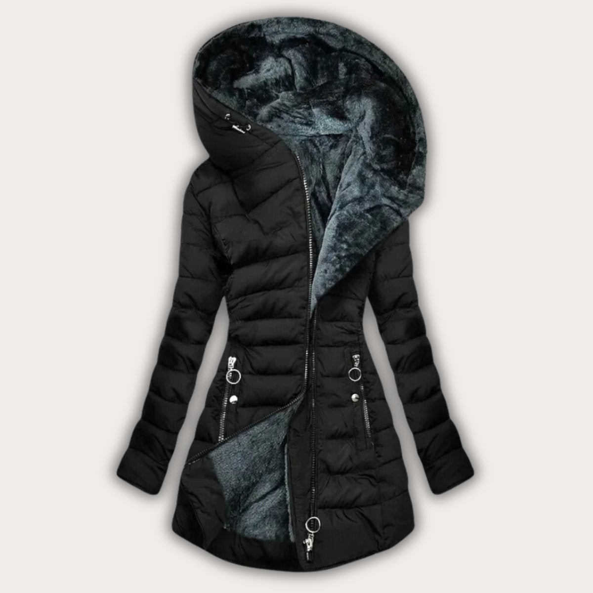 Women's black asymmetrical hooded puffer jacket with plush faux fur lining and modern zip closure