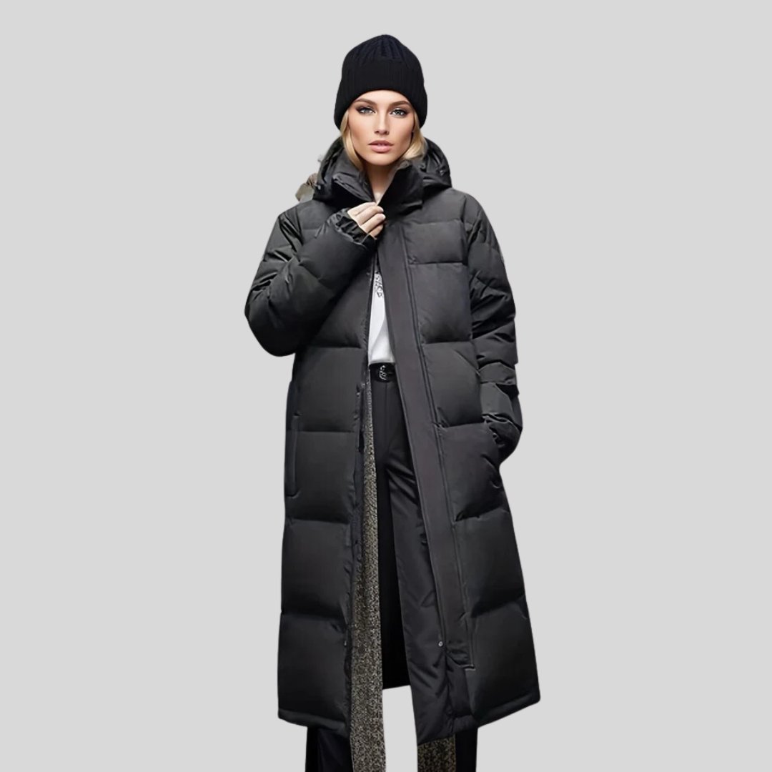 Women's black hooded full-length quilted puffer coat with sleek silhouette and fixed hood