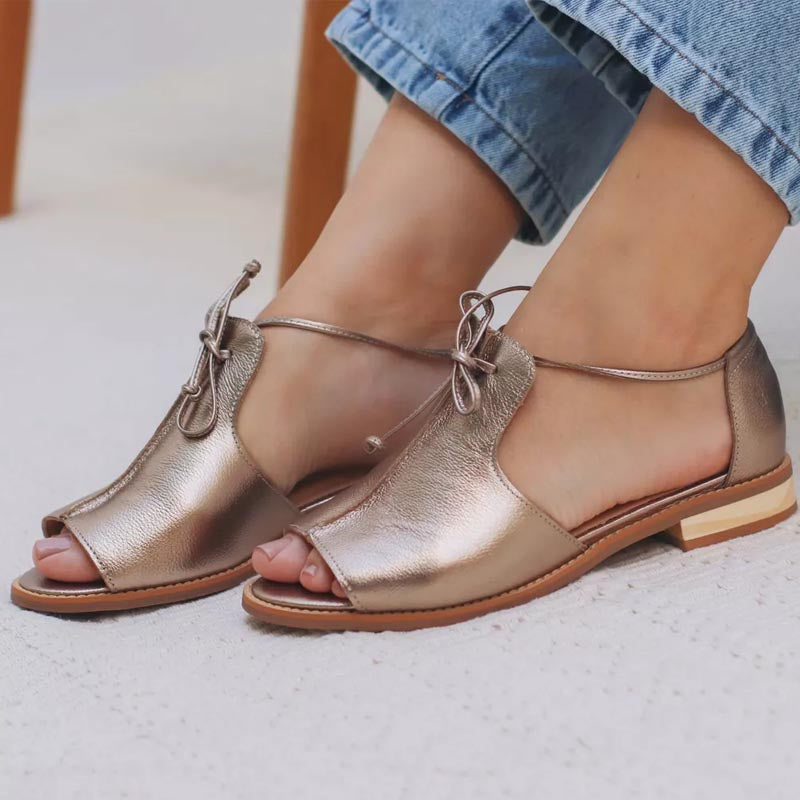 Stella | Women's Metallic Open Toe Sandals Bow Tie Strap Flat