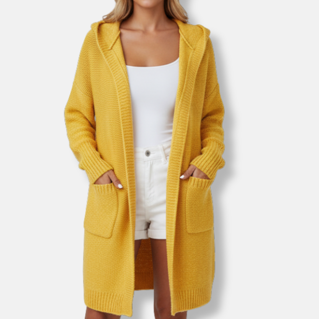 Women oversized hooded cardigan cozy wool blend knee-length knit in neutral relaxed layering style