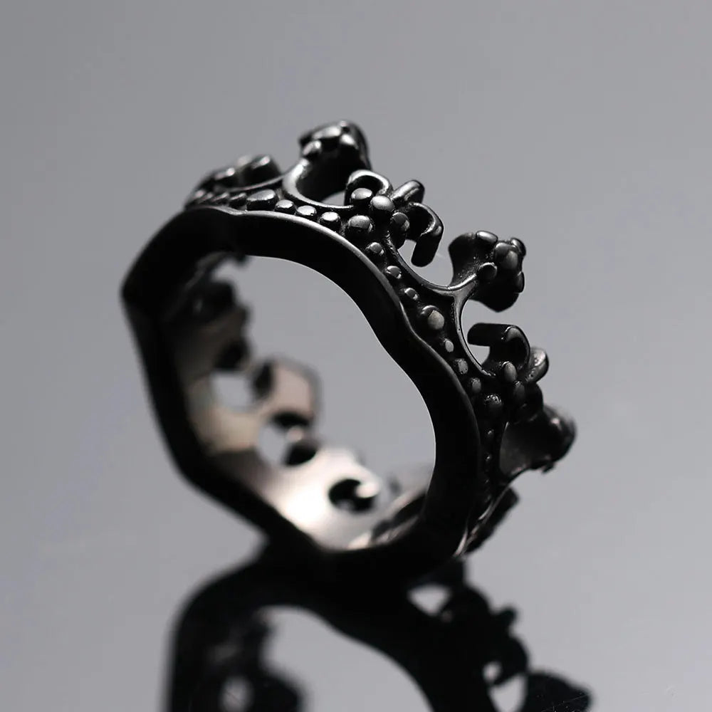 Bold silver stainless steel crown ring with fleur-de-lis motif and medieval royal beaded detailing