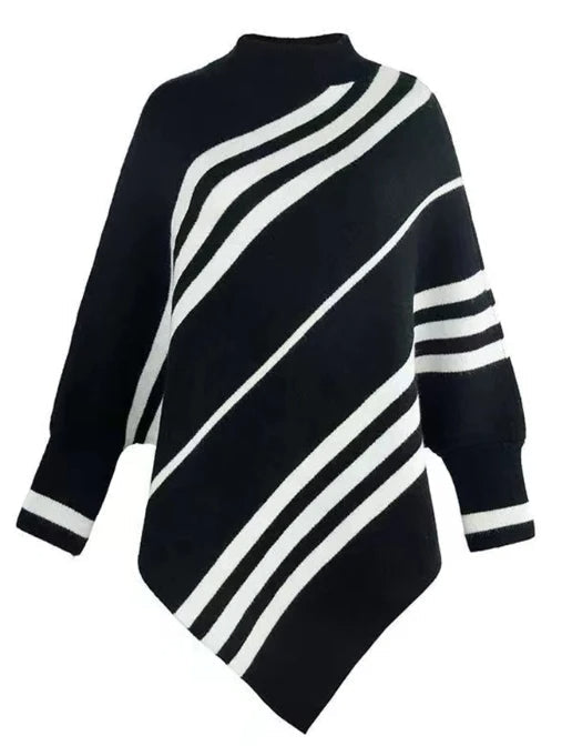 Women's striped poncho sweater soft breathable knit asymmetrical drape cozy bold modern silhouette