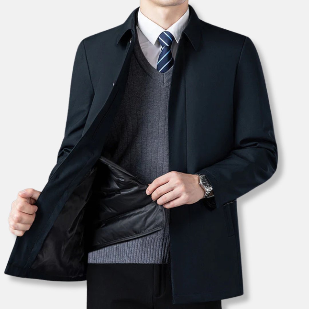 Men's tailored mid-length wool-blend blazer in classic cut with refined texture for modern professionals
