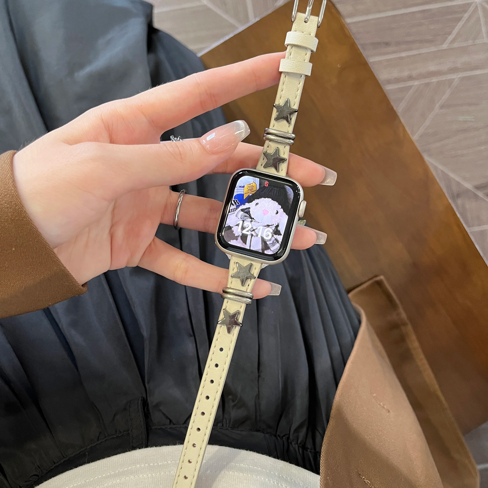 Astra Apple Watch band faux leather rugged style brushed metal star studs vintage ring accents