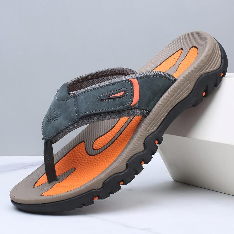 Men's brown ridge leather sandals cushioned footbed structured straps shock-absorbing sole