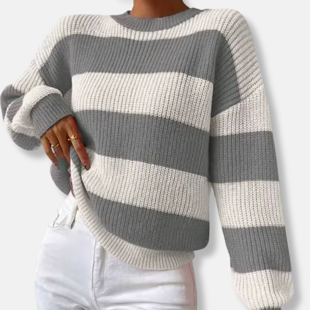 Women's striped ribbed knit sweatshirt loose fit balloon sleeves round neck cozy casual pullover