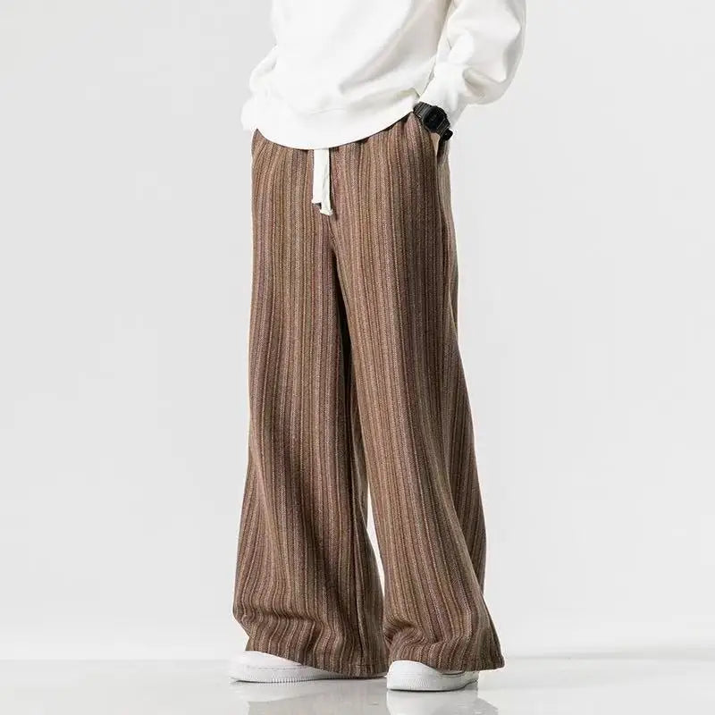 Women's pinstripe wide leg lounge pants with drawstring waist and deep pockets in heavyweight fabric