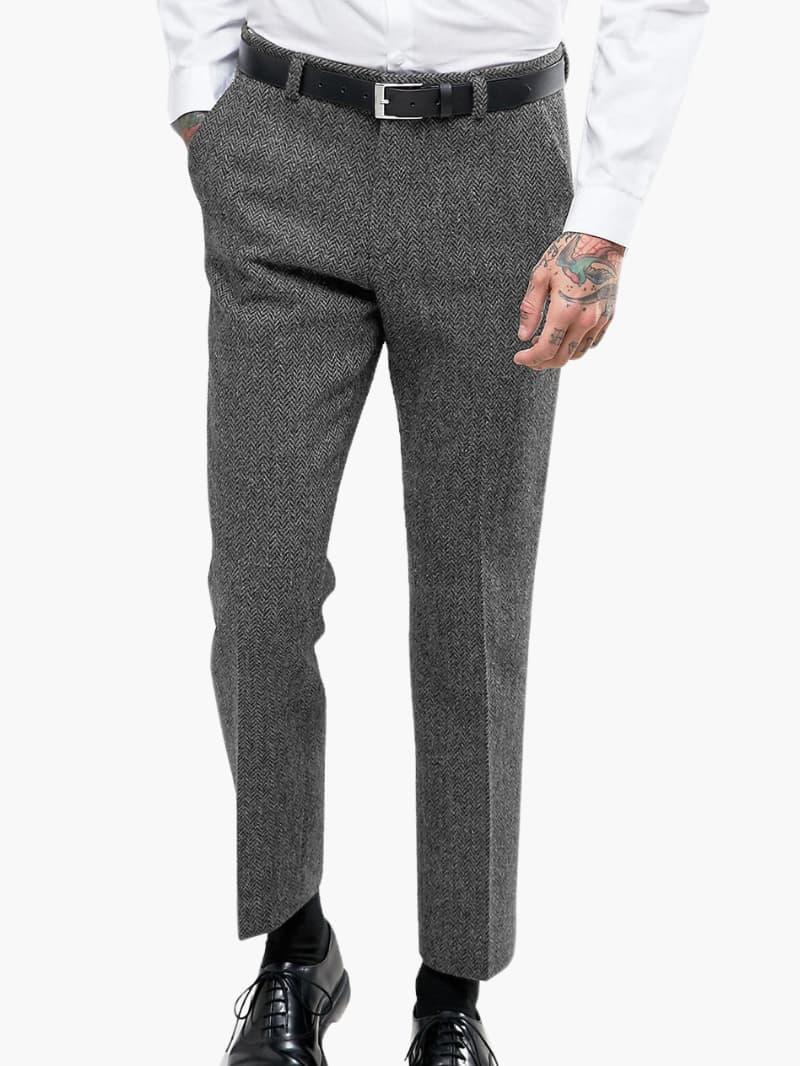 Men's vintage slim-fit tweed trousers with classic herringbone texture for office and festive wear