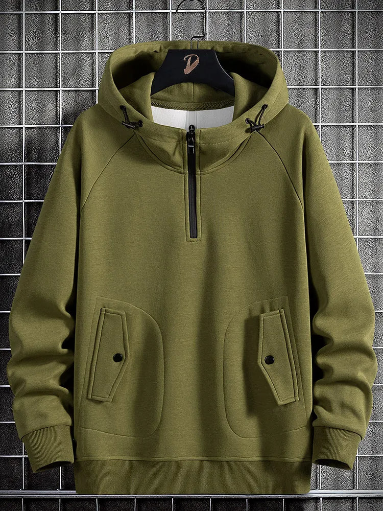 Unisex quarter-zip fleece hoodie relaxed fit with adjustable hood and dual front pockets