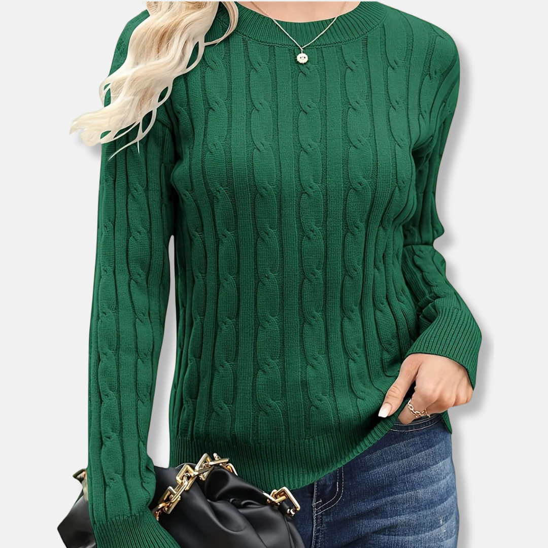 Women's wool blend crew neck sweater fine gauge cable knit pattern relaxed hip-length fit