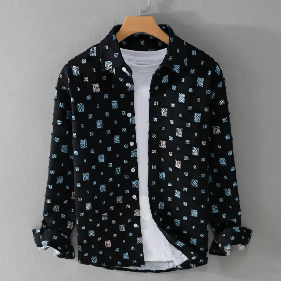 Alessandro men's blue frayed denim shirt streetwear style with raw distressed edges