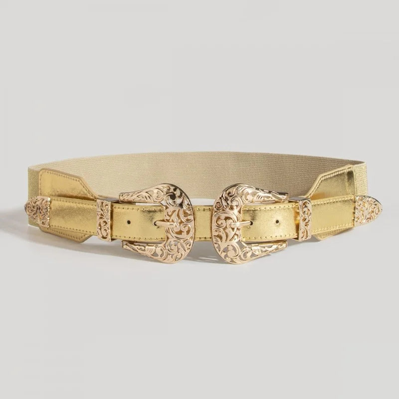 Women's brown leather waist belt with dual gold buckles and intricate Western scrollwork contoured fit