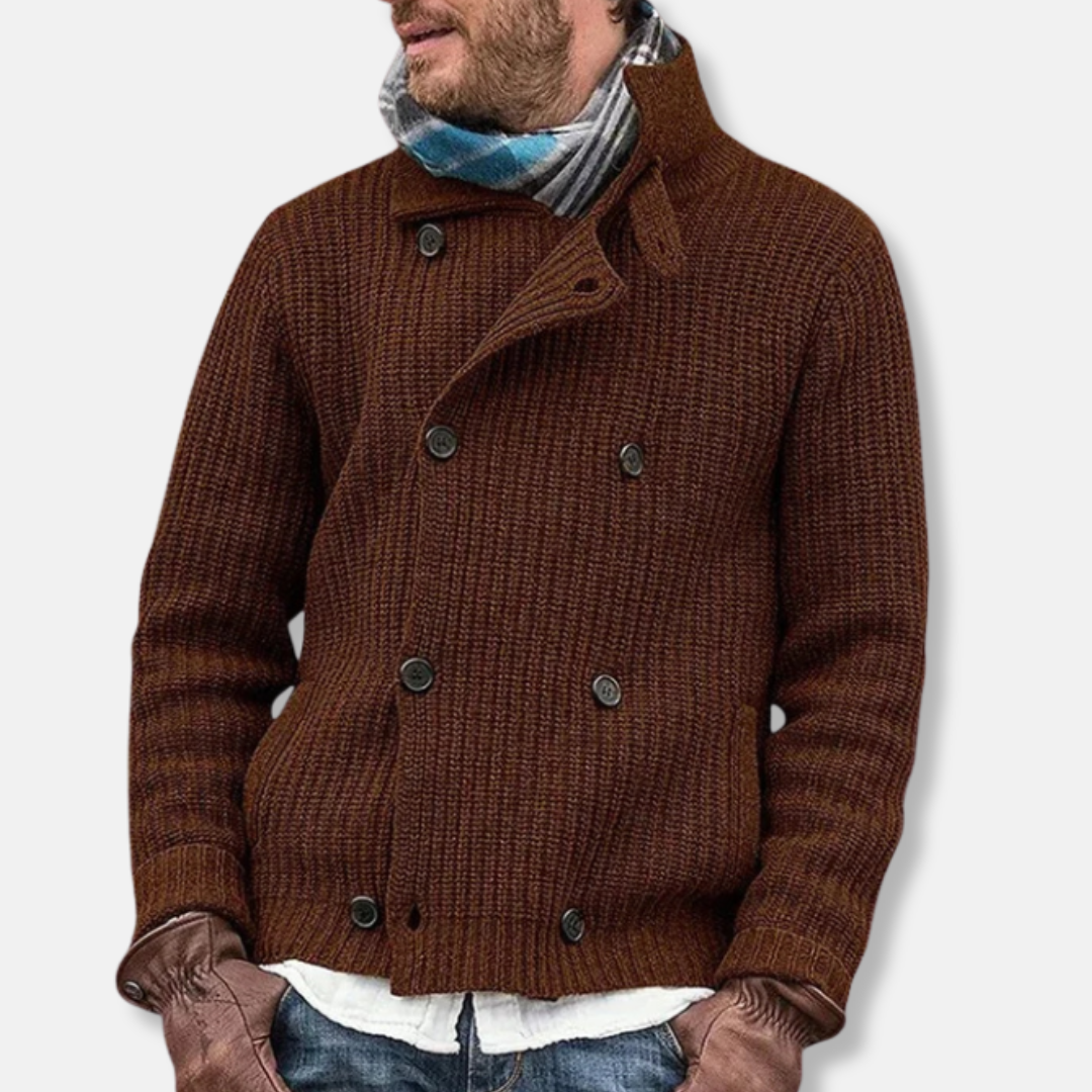 Men's wool blend double-breasted knit jacket high collar modern polished silhouette gray