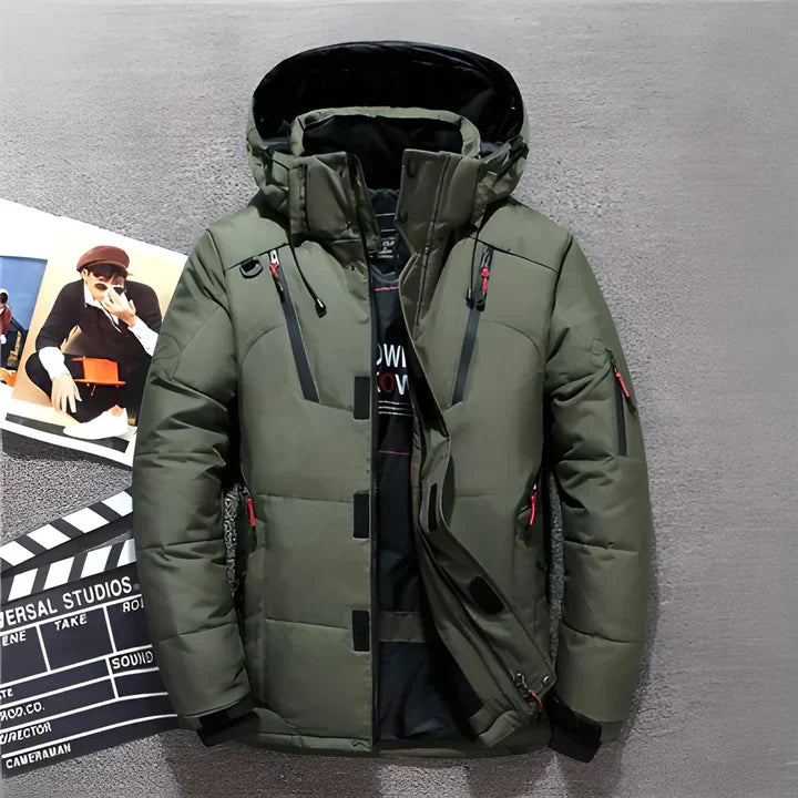 Men's black puffer jacket with hood, longer cut silhouette, and secure zipper pockets for winter warmth