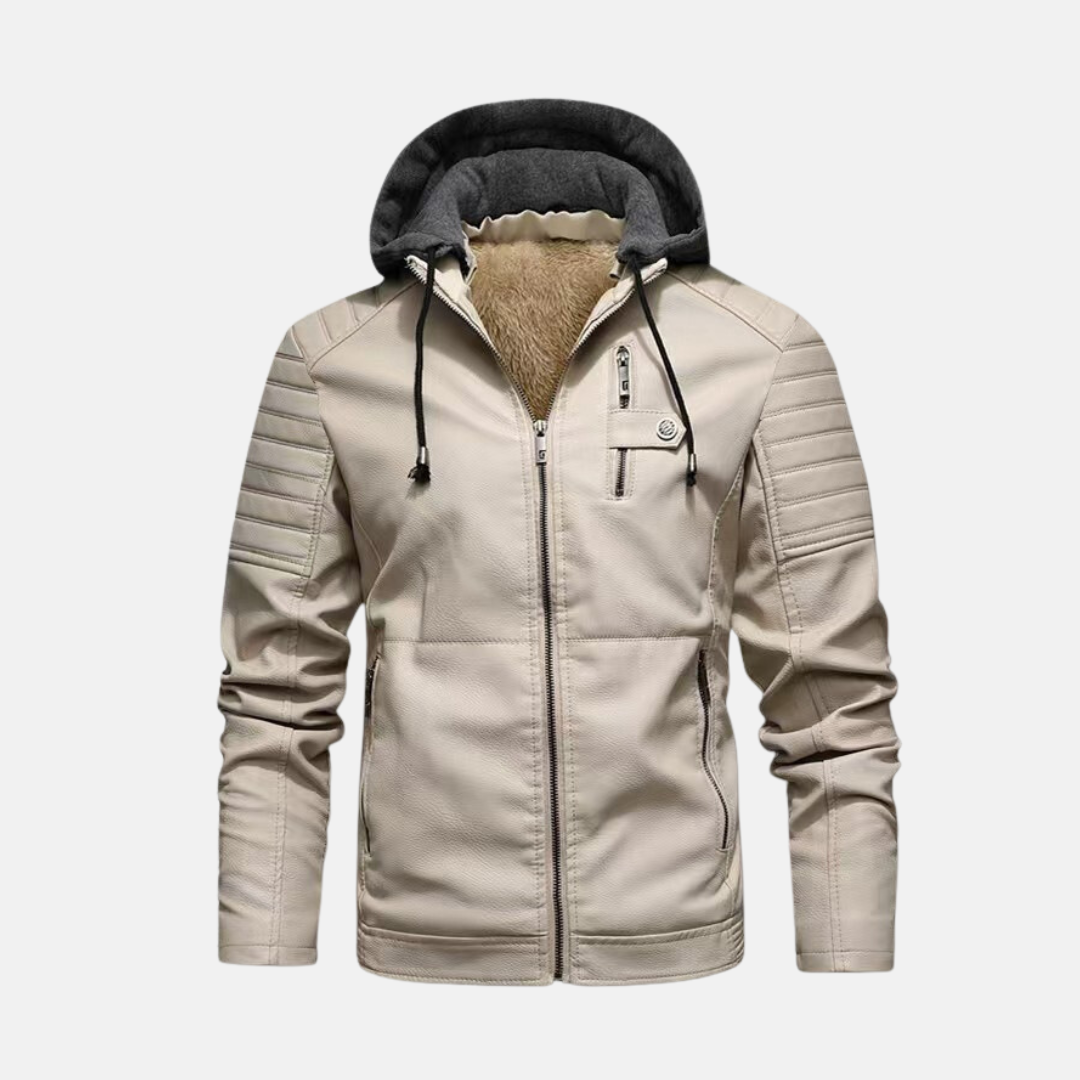 Men's slim-fit black PU leather hooded jacket with plush-lined interior and zip closure