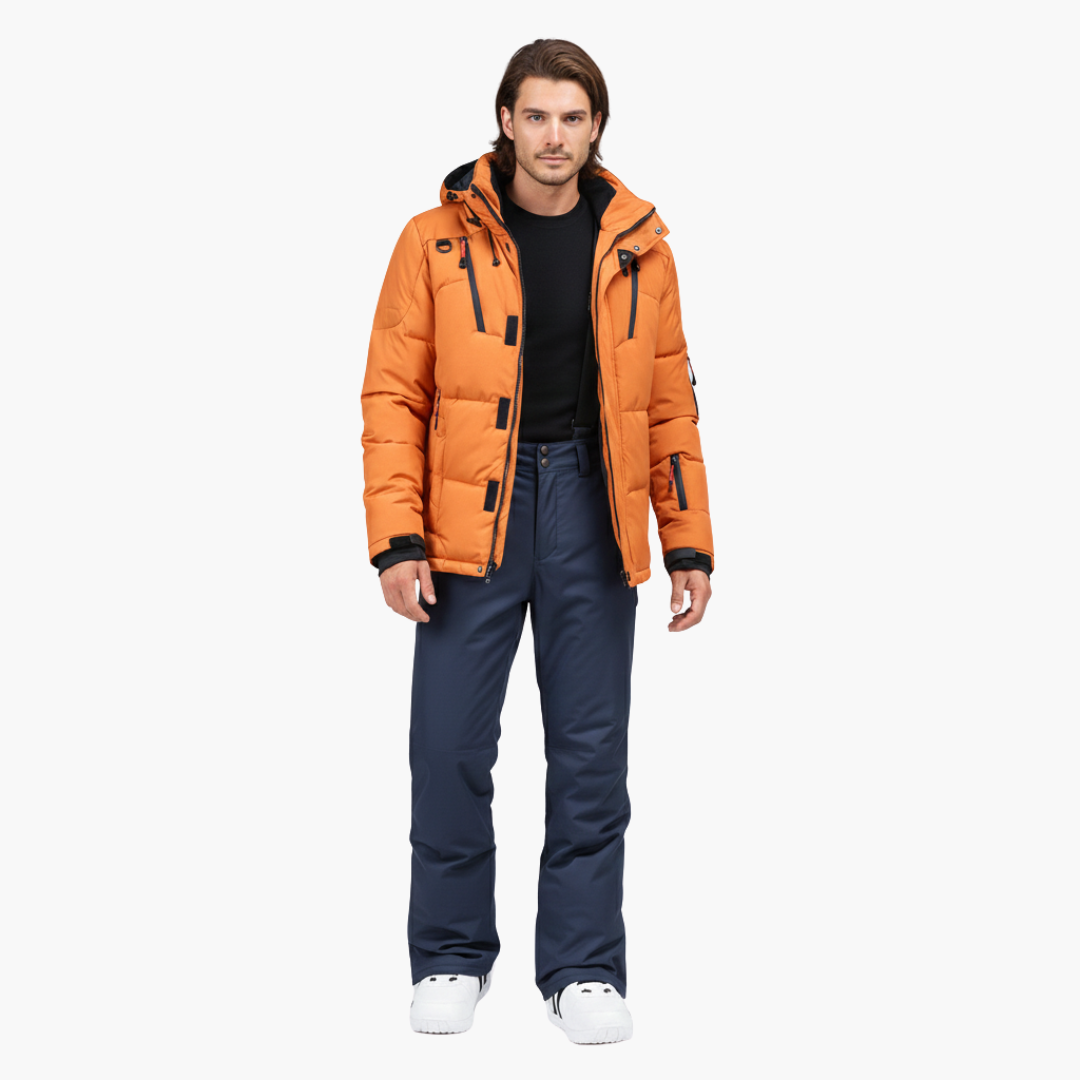 Men's matching ski jacket and pants set in coordinated colors with hooded front zip and elastic waist
