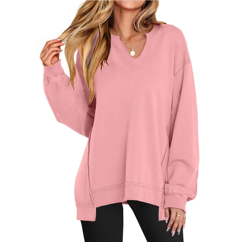Women's plush cotton relaxed fit V-neck sweatshirt tunic length casual everyday layering top