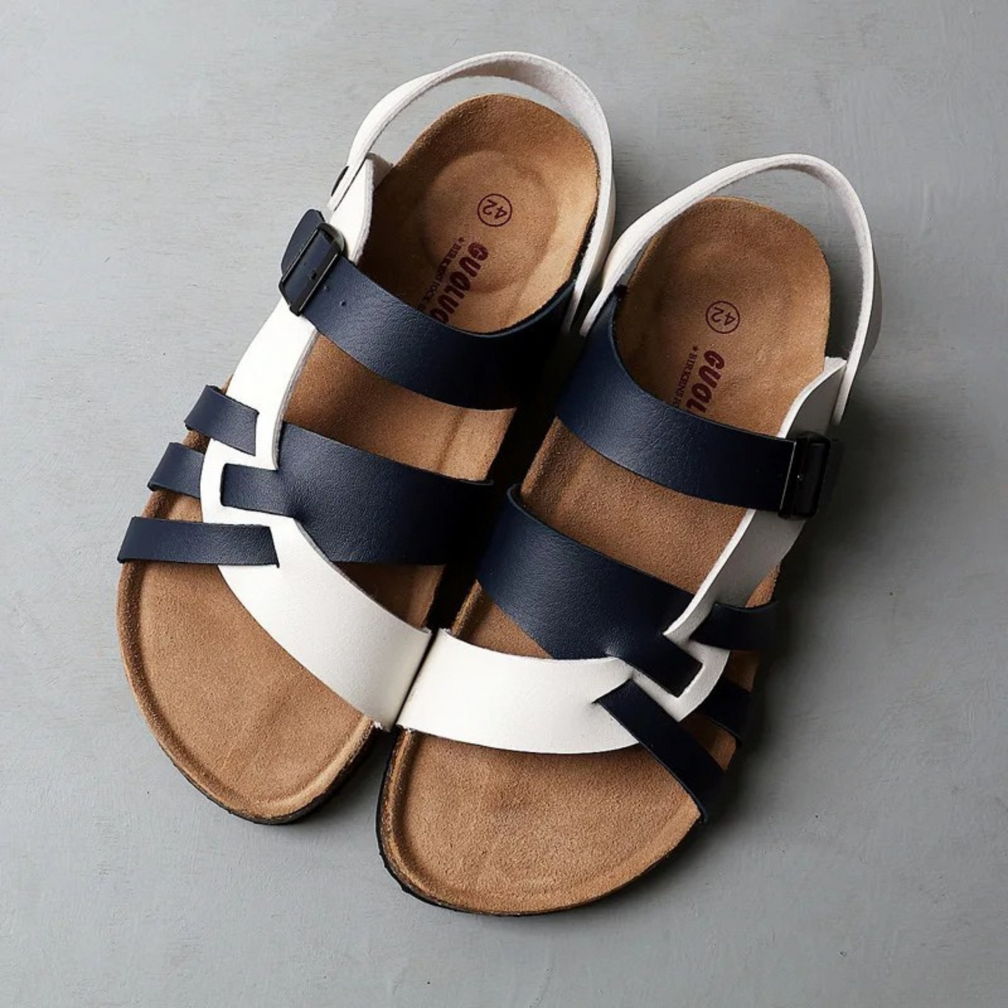 Women's tri-tone vegan woven sandal with adjustable buckle and contoured cork footbed