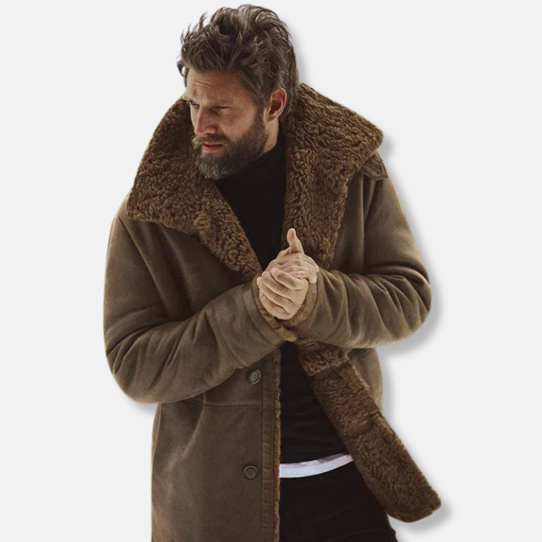 Men's wool blend parka relaxed fit mid-thigh length with button front and faux shearling trim