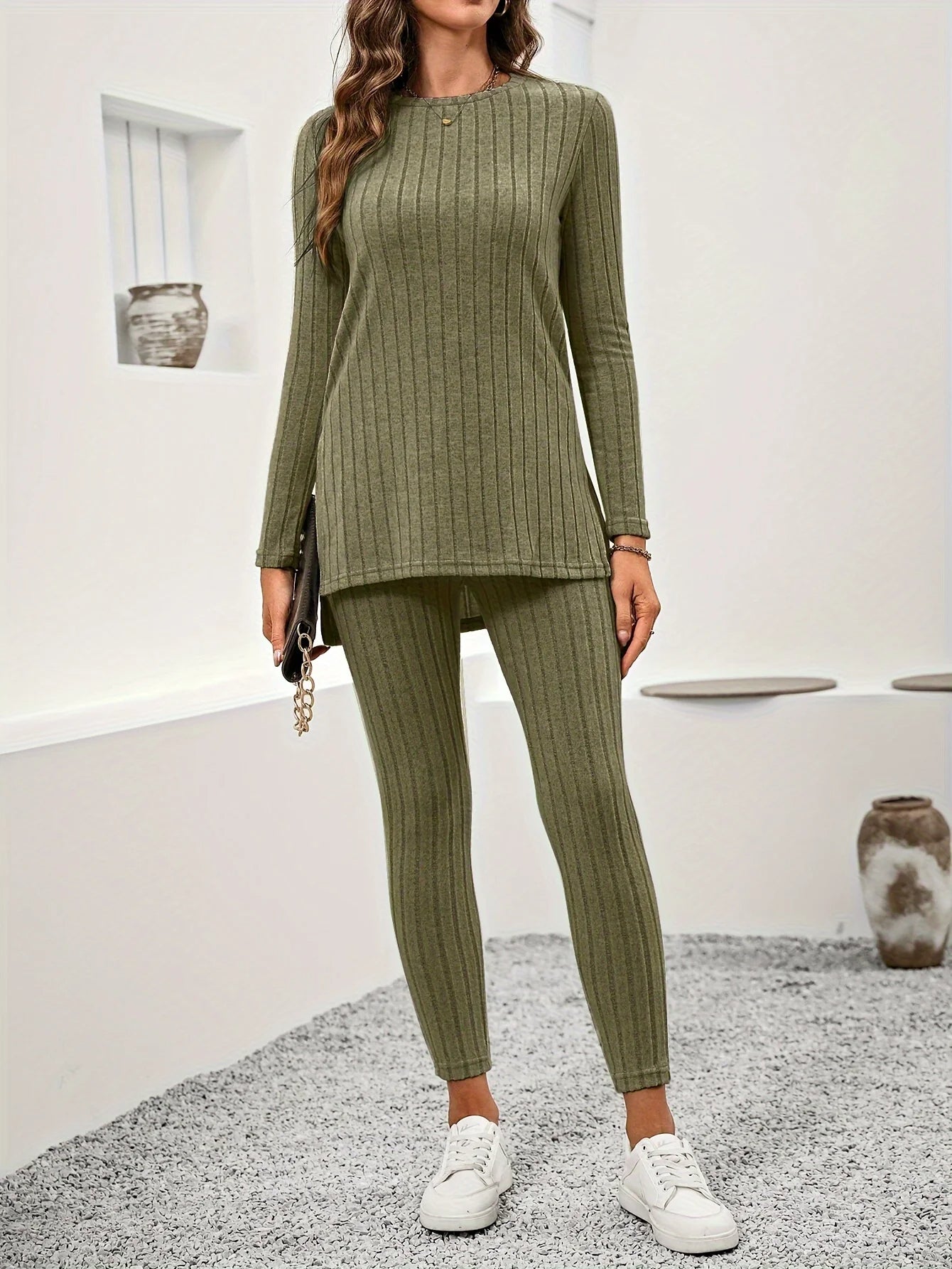 Women's ribbed knit lounge set in soft neutral tones, tunic top and leggings two-piece cozy silhouette