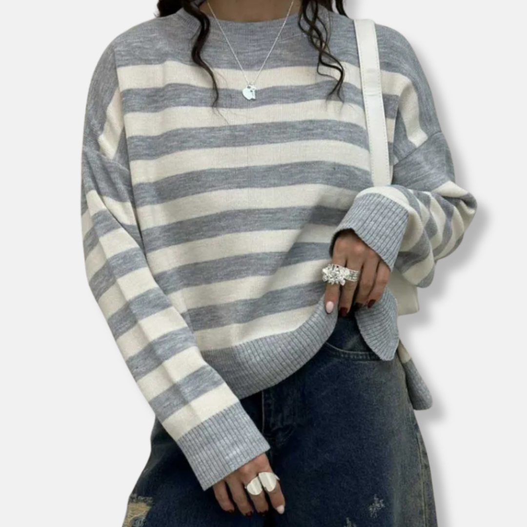 Women's loose fit striped knit pullover sweatshirt crew neck with ribbed hem cozy casual style