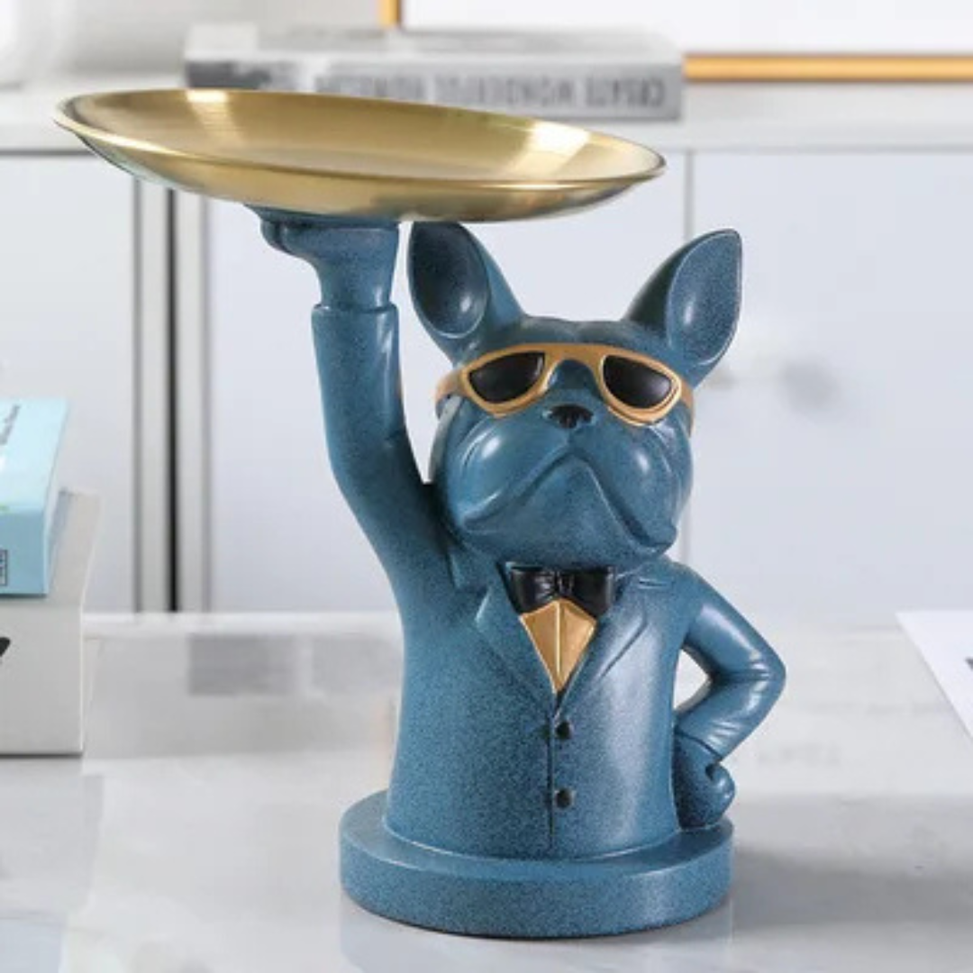 Bulldog figurine tray with gold bow tie resin desk organizer whimsical luxury home decor accent
