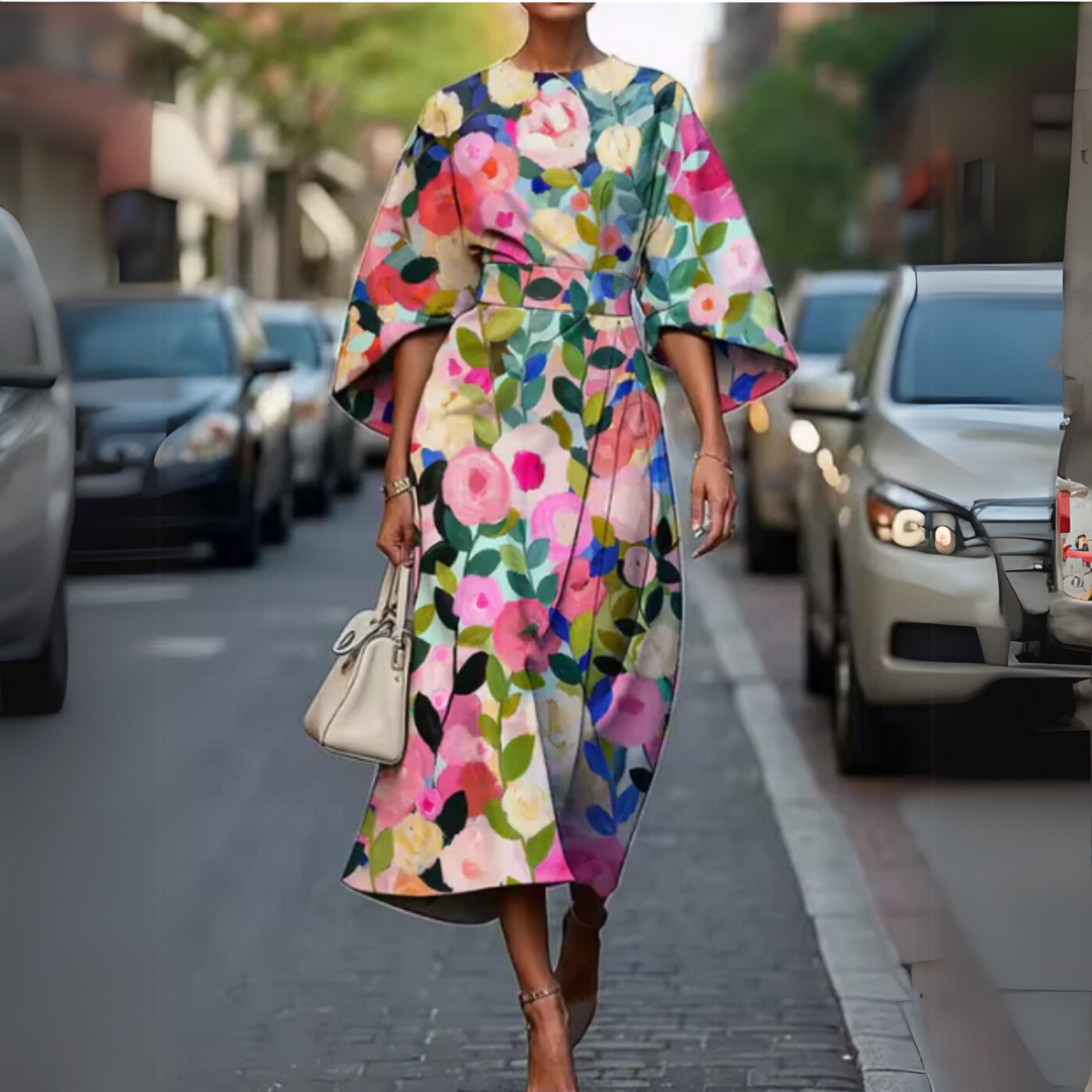 Women's cotton wrap midi dress asymmetrical hem flowy silhouette with quilted cinched waist detail