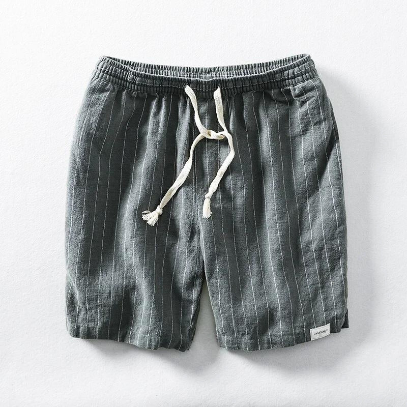 Men's beige linen blend shorts relaxed fit lightweight breathable coastal summer style pinstripe detail