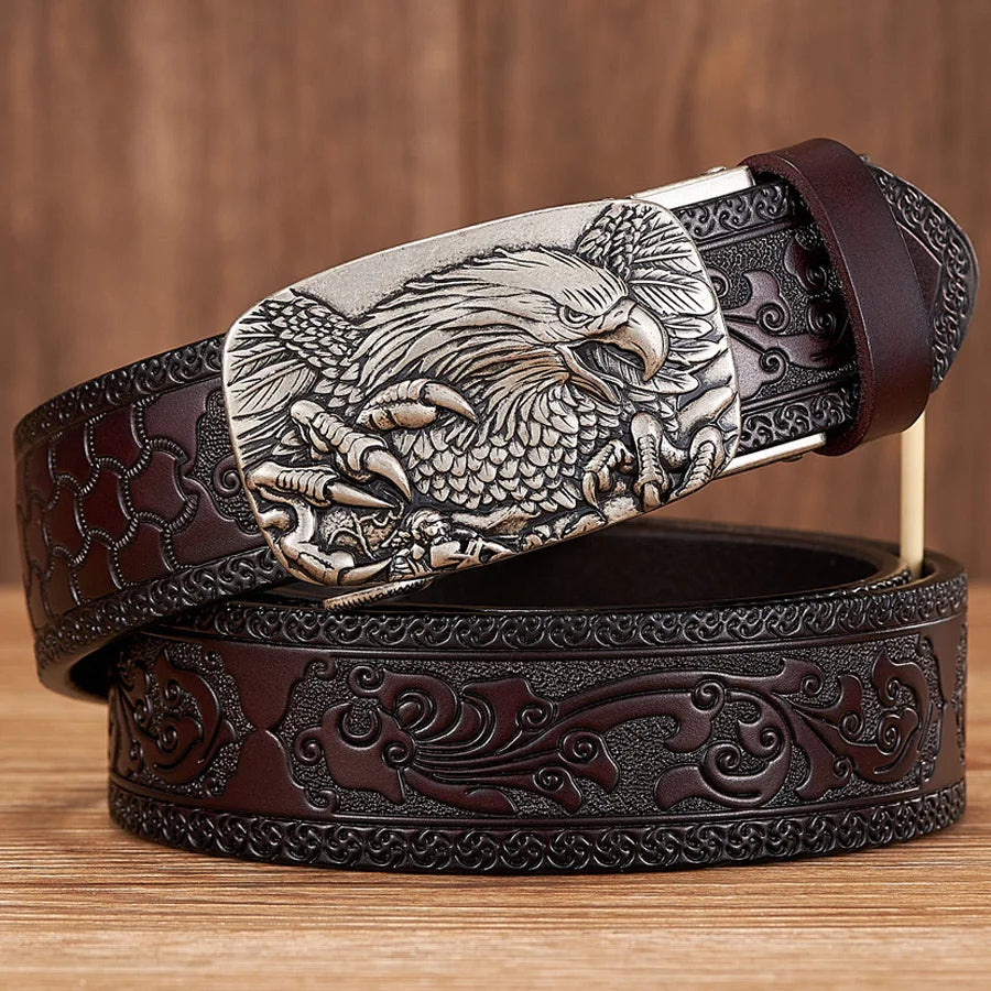 Men's genuine leather belt brown embossed strap sculpted eagle metal buckle bold masculine style