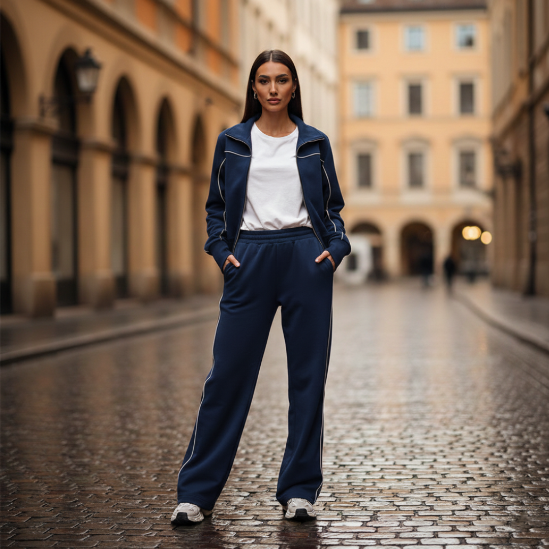 Women's zip-up crop bomber tracksuit set with wide-leg pants, casual athleisure style