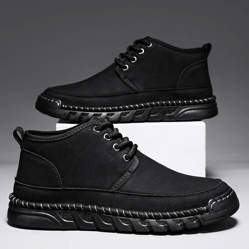 Lightweight work boots with non-slip soles, cushioned interior support, weather-resistant durable construction