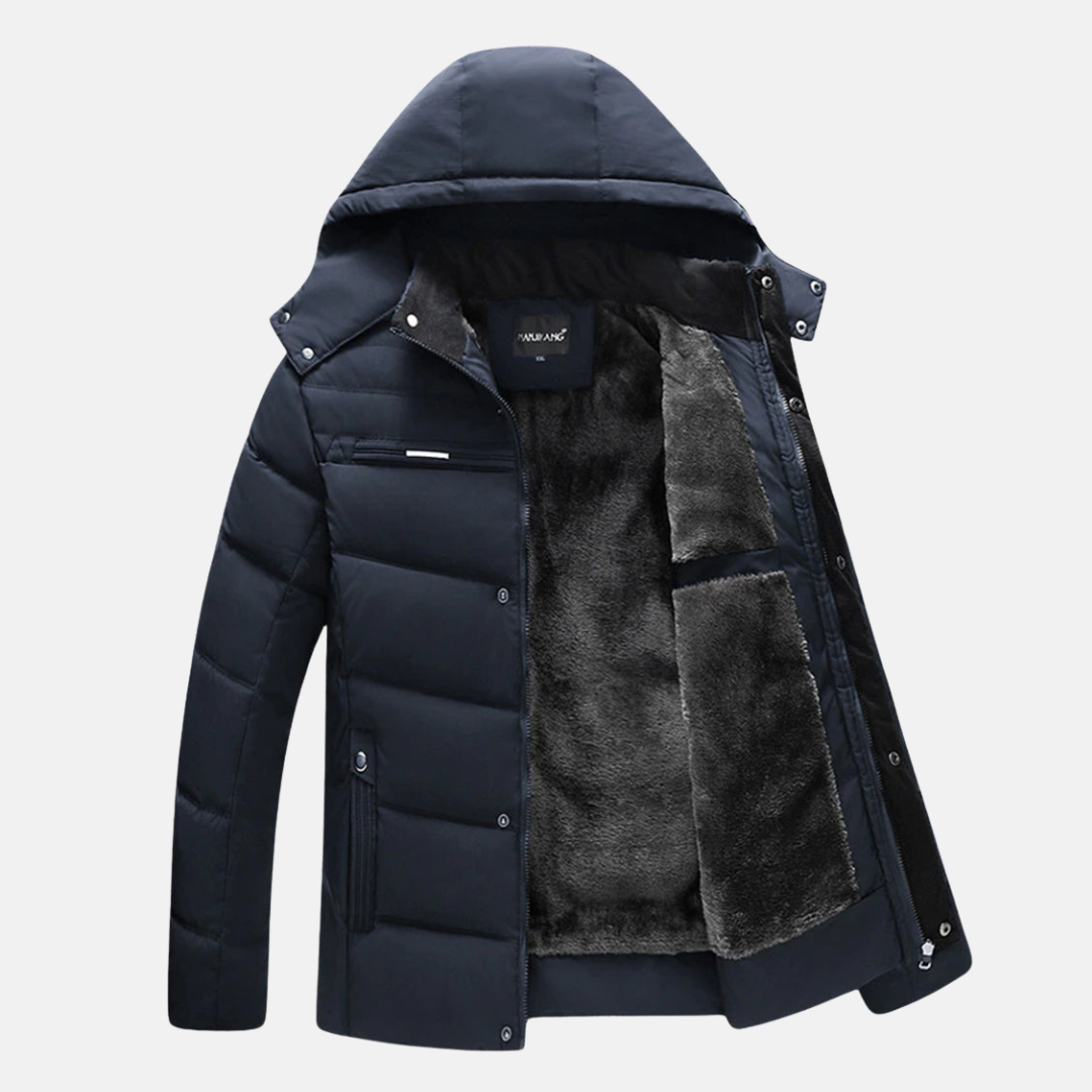 Men's navy blue quilted fleece puffer jacket hooded relaxed fit with soft texture
