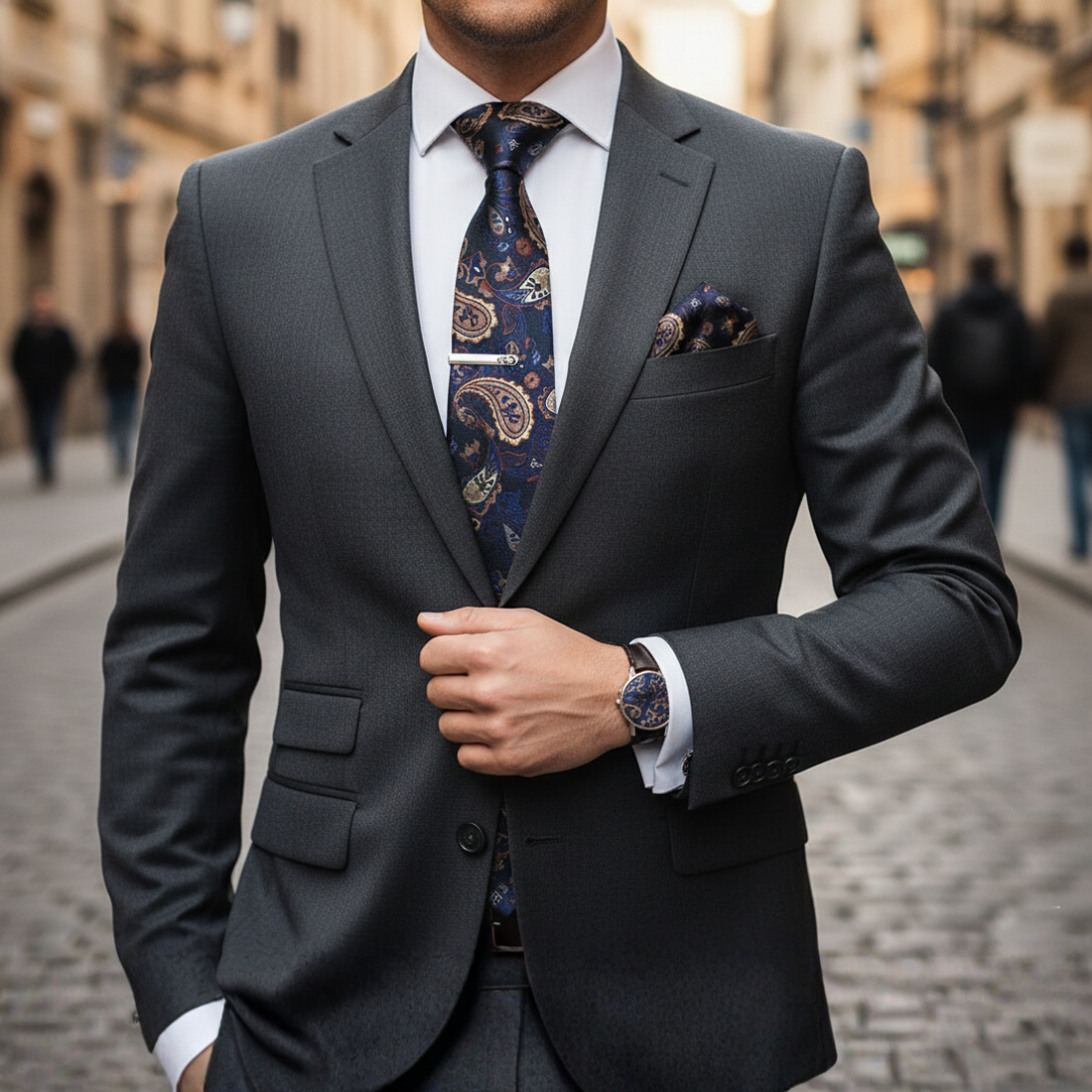 Men's silk paisley tie set with pocket square, cufflinks & tie clip, gift-boxed for weddings