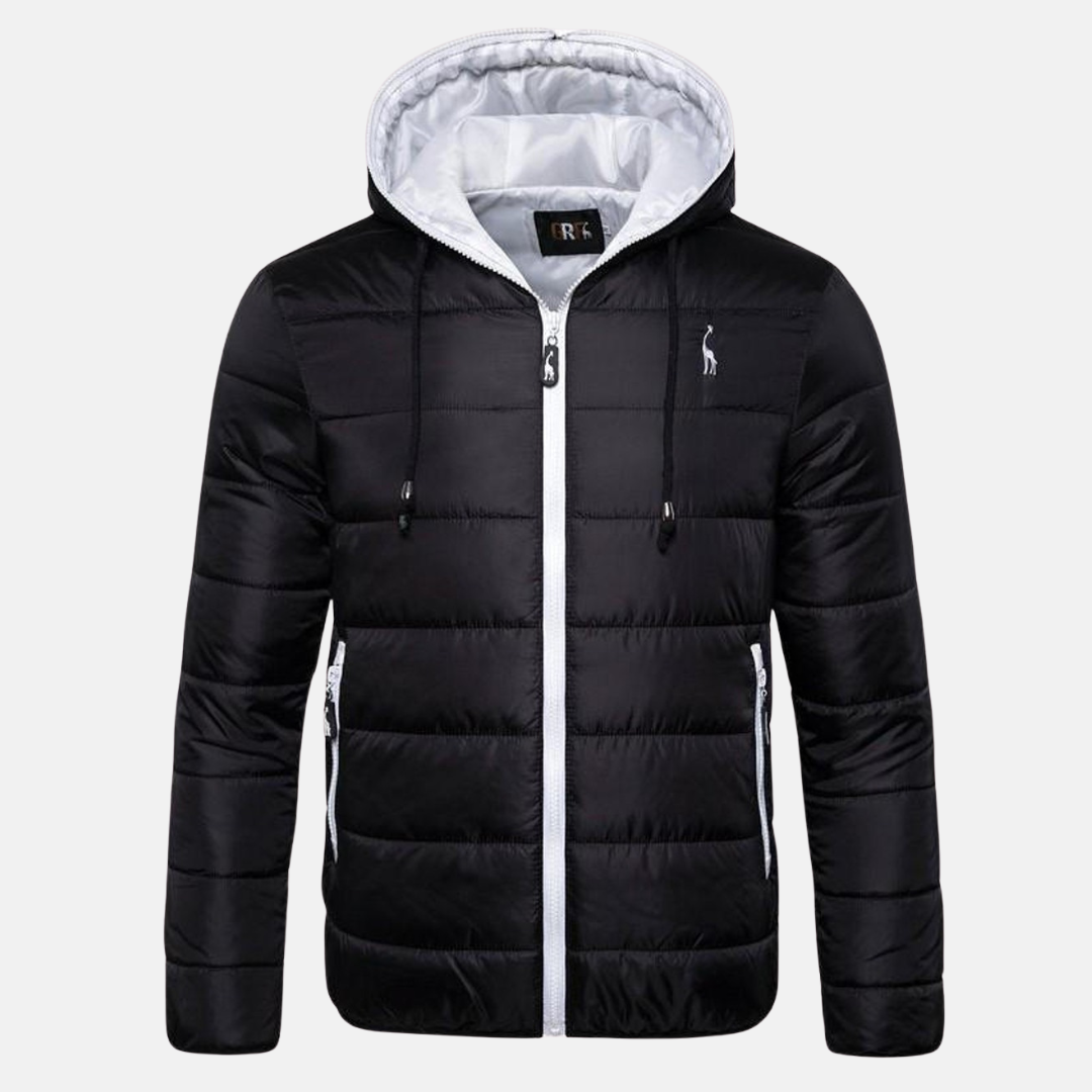 Men's regular fit hooded down jacket water-resistant zipper closure for fall winter outdoor warmth