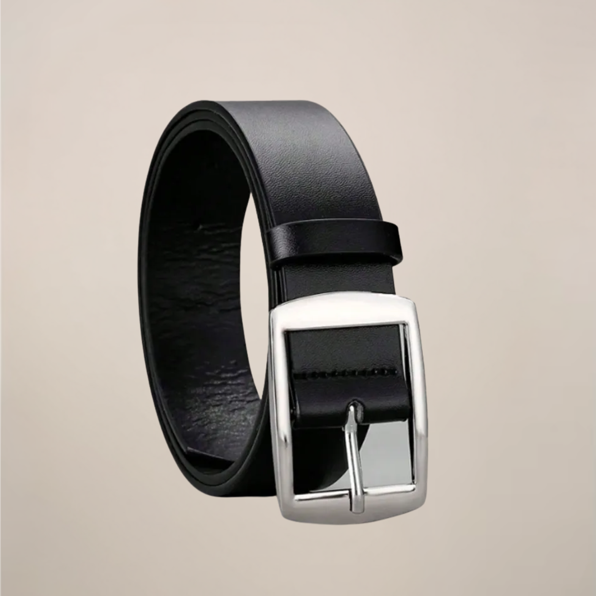Men's classic leather belt black brown versatile polished silver buckle business casual wear