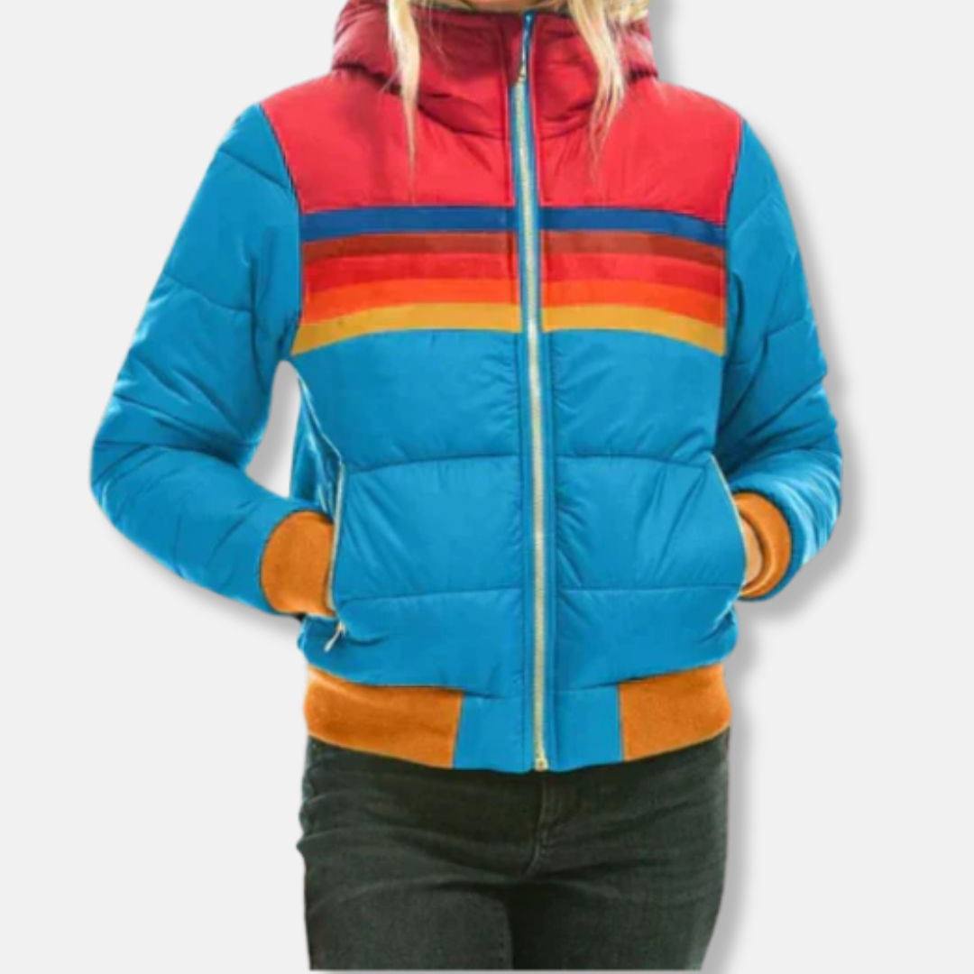 Women's quilted nylon puffer jacket hooded hip-length with high collar in classic winter style